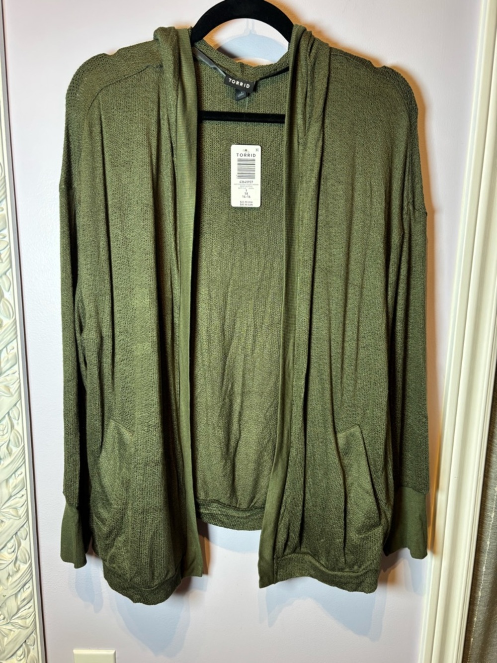 Torrid Olive Green Longline Hooded Cardigan Sweater Open Front Size 1